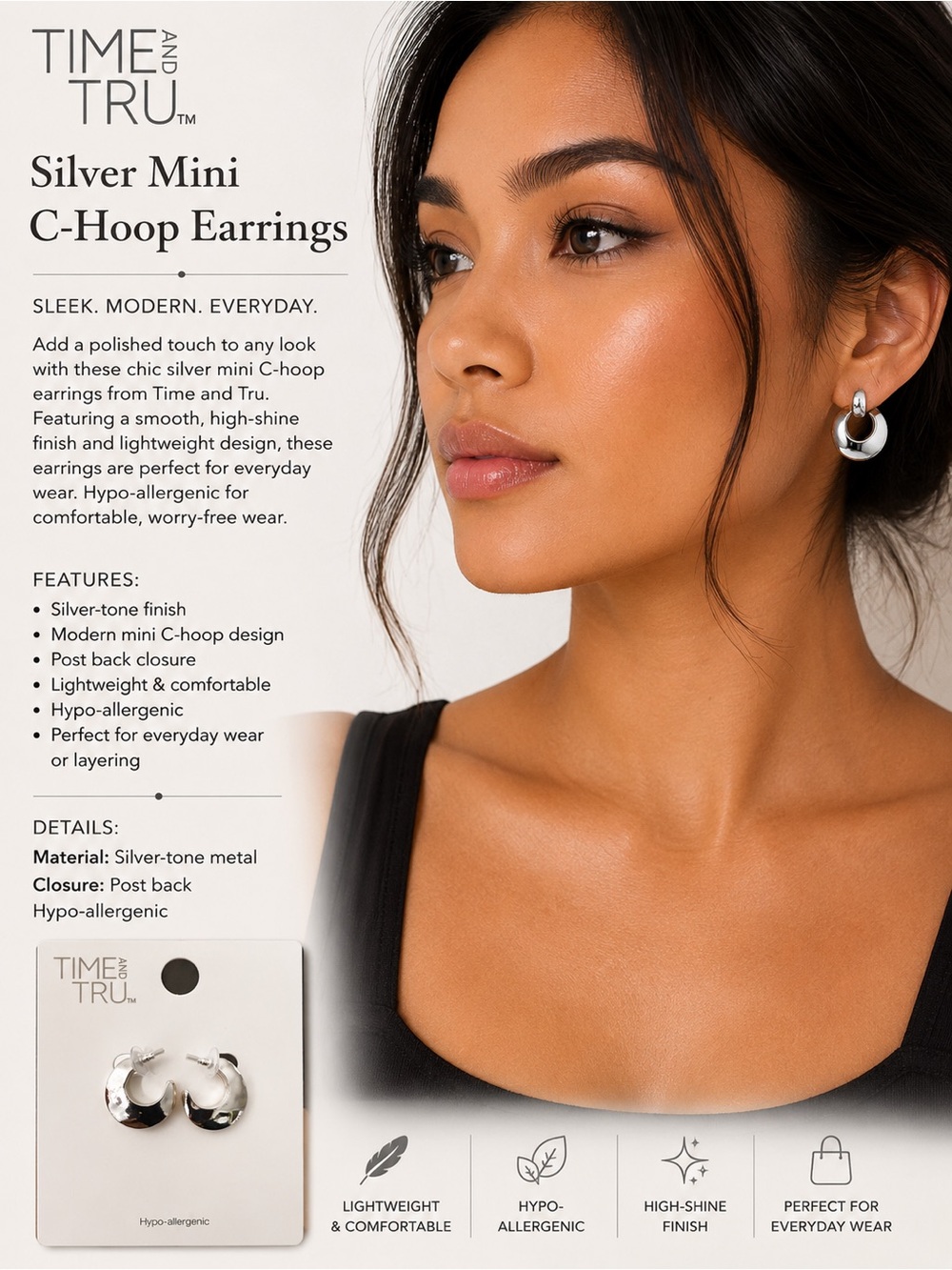 Time and Tru Silver Mini C-Hoop Earrings